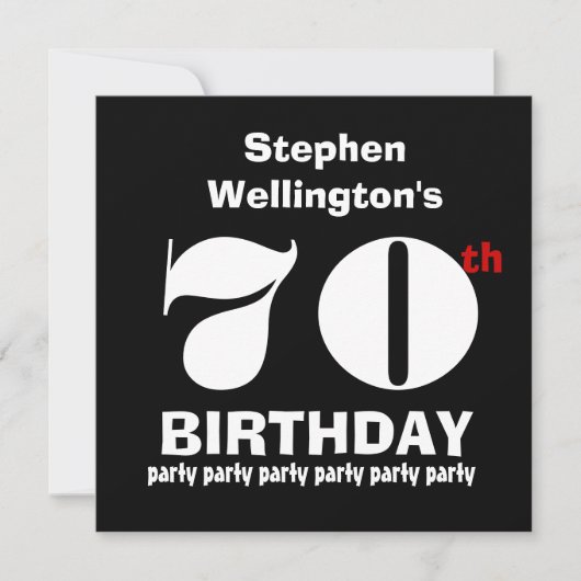 70th Birthday Party Custom Name Black White W820 Kaart (Voorkant)
