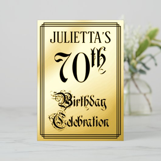 70th Birthday Party — Elegant Script + aangepaste Folie Uitnodiging (Staand Voorkant)