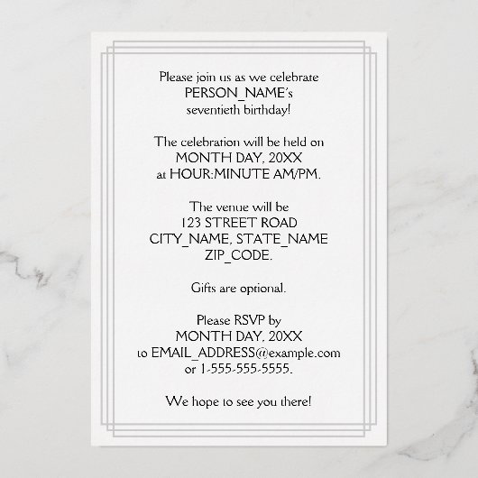 70th Birthday Party — Elegant Script + aangepaste  Folie Uitnodiging (Achterkant)