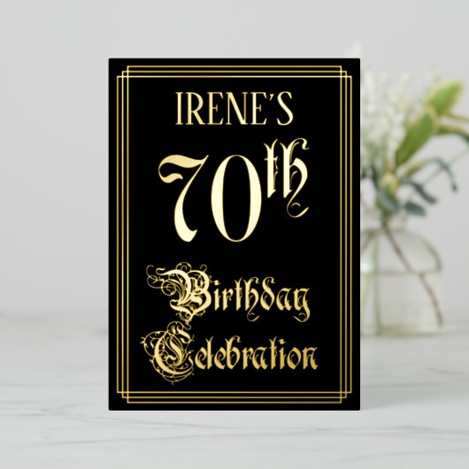 70th Birthday Party — Fancy script & aangepaste na Folie Uitnodiging (Staand Voorkant)