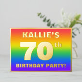 70th Birthday Party: Fun, Colorful Rainbow Pattern Folie Uitnodiging (Staand Voorkant)