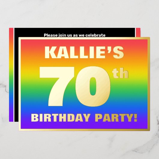 70th Birthday Party: Fun, Colorful Rainbow Pattern Folie Uitnodiging (Voorkant / Achterkant)