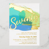 70th Birthday party gouden foto blauw groen abstra Folie Uitnodiging (Voorkant)