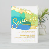 70th Birthday party gouden foto blauw groen abstra Folie Uitnodiging (Staand Voorkant)