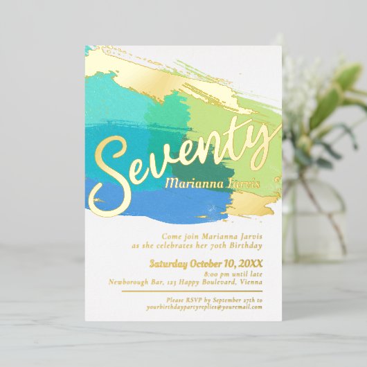 70th Birthday party gouden foto blauw groen abstra Folie Uitnodiging (Staand Voorkant)