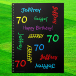 70th Birthday Party Guest Book, Repat Name Black Notitieboek<br><div class="desc">Wat een prachtig, gepersonaliseerd spiraalvormig notitieboek Gastboek voor een 70ste verjaardagsfeestje of een andere gelegenheid. Op de omslag, herhalen de Naam en de Leeftijd in verschillende doopvonten en primaire kleuren op een zwarte achtergrond. Gemakkelijk om te personaliseren - enkel de NAAM, de LEEFTIJD, en de OCCASIE van de VERANDERING op...</div>