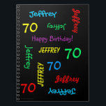 70th Birthday Party Guest Book, Repat Name Black Notitieboek<br><div class="desc">Wat een prachtig, gepersonaliseerd spiraalvormig notitieboek Gastboek voor een 70ste verjaardagsfeestje of een andere gelegenheid. Op de omslag, herhalen de Naam en de Leeftijd in verschillende doopvonten en primaire kleuren op een zwarte achtergrond. Gemakkelijk om te personaliseren - enkel de NAAM, de LEEFTIJD, en de OCCASIE van de VERANDERING op...</div>