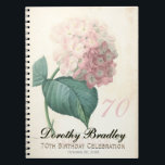 70th Birthday Party Hydrangea Custom Guest Book Notitieboek<br><div class="desc">70e Birthday Celebration Guest Book (spiraal notitieboek) met Botanische Waterverven van bleek roze Hydrangea van Pierre-Joseph Redouté. U kunt tekstkleur, doopvont, grootte en positie gemakkelijk veranderen door de aanpassingsknoop te klikken. Verkrijgbaar in een papieren bezoekersregister. Pakketbenodigdheden, partijbenodigdheden (papieren bord en papieren servet), kussen en meer... — "Pierre-Joseph Redouté (10 juli...</div>