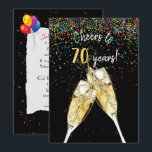 70th Birthday party Invitation Kaart<br><div class="desc">Champagne toast op zwart met een kleurrijk dalend confetti voor de 70ste verjaardag.</div>