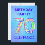 70th Birthday Party Invitation Voeg een naam toe Kaart<br><div class="desc">70e uitnodiging van de Birthday-partij. Voeg een naam en details toe om een fantastische uitnodiging voor een verjaardagsfeestje te maken. De getallen zijn gemaakt van woorden die verband houden met verjaardagen om iedereen in de stemming te brengen!</div>