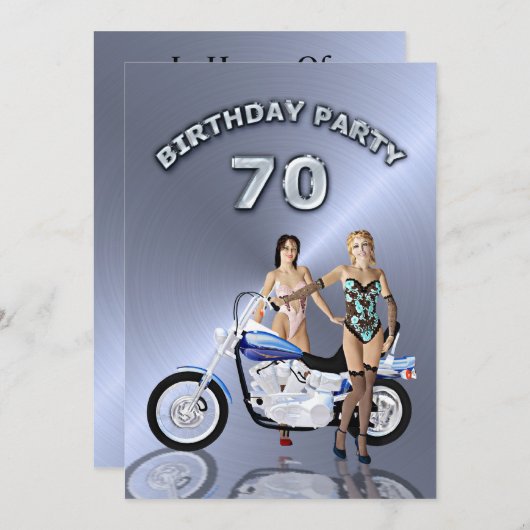 70th Birthday party Invitation with a motor Kaart (Voorkant / Achterkant)