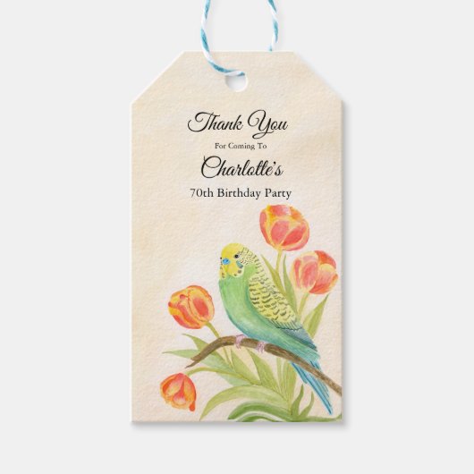 70th Birthday Party Parakeet with Tulips  Cadeaulabel (Voorkant)