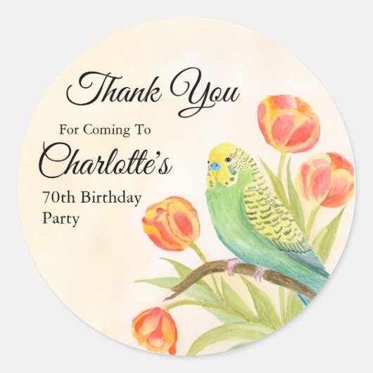 70th Birthday Party Parakeet with Tulips  Ronde Sticker (Voorkant)