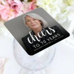 70th Birthday Party Photo Cheers White Script Kartonnen Onderzetters<br><div class="desc">This custom 70th birthday paper coaster features the guest of honor's personalized photo,  name,  and birthday,  along with the word "Cheers" in elegant white calligraphy script. A dark screen helps make the text pop. A great way to celebrate someone who's turning seventy!</div>