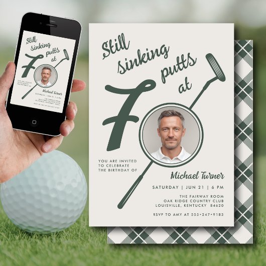 70th Birthday Party Photo Modern Golf Putter Green Kaart