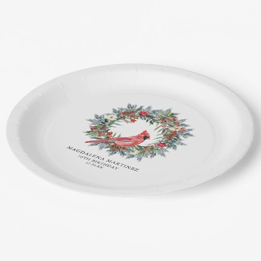 70th Birthday Party Red Cardinal Wreath Custom Papieren Bordje (Gekanteld)