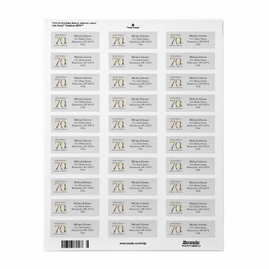70th Birthday Party Solid Gold Classy Text Address Etiket (Full Sheet)