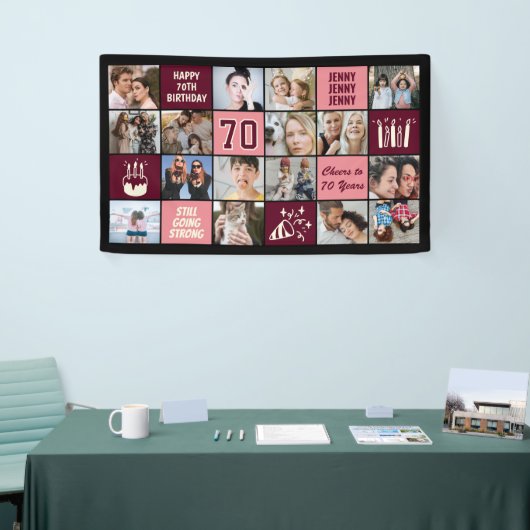 70th Birthday Photo Collage Custom Black Burgundy Spandoek (Beurs)