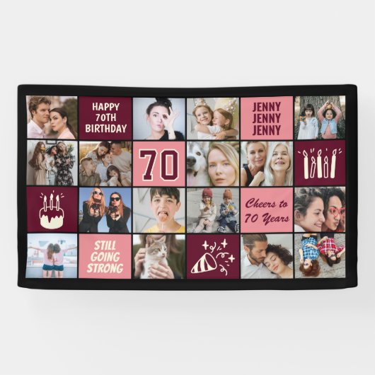 70th Birthday Photo Collage Custom Black Burgundy Spandoek (Horizontaal)