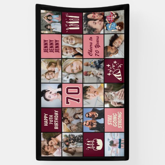 70th Birthday Photo Collage Custom Black Burgundy Spandoek (Verticaal)