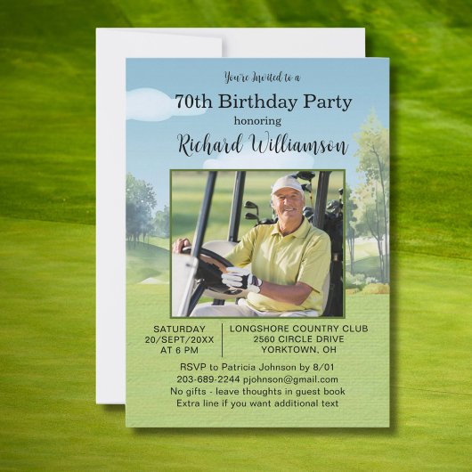 70th Birthday Photo Watercolor Golf Theme Kaart