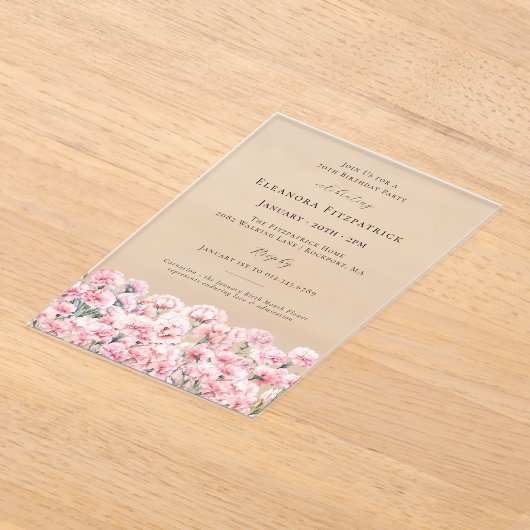 70th Birthday Pink Carnation January Birth Flower Acryl Uitnodigingen (Laagn)