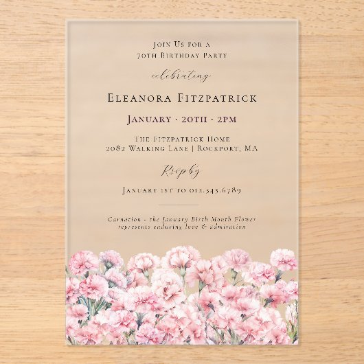 70th Birthday Pink Carnation January Birth Flower Acryl Uitnodigingen (Voorkant)