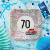 70th Birthday Red Retro Truck op Road Map Papieren Bordje (Feest)