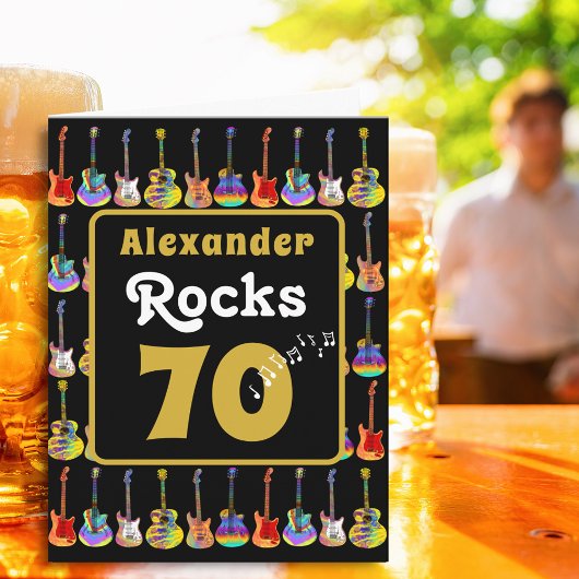 70th birthday Retro Groovy Guitar Personalized Kaart