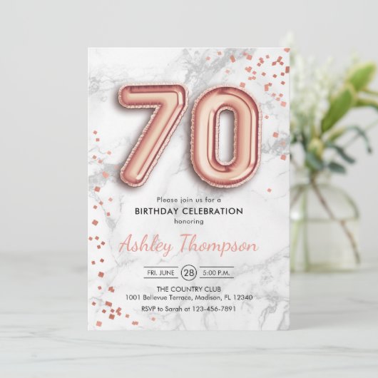 70th Birthday - Roos gouden ballonnen marmeren eff Kaart (Staand voorkant)