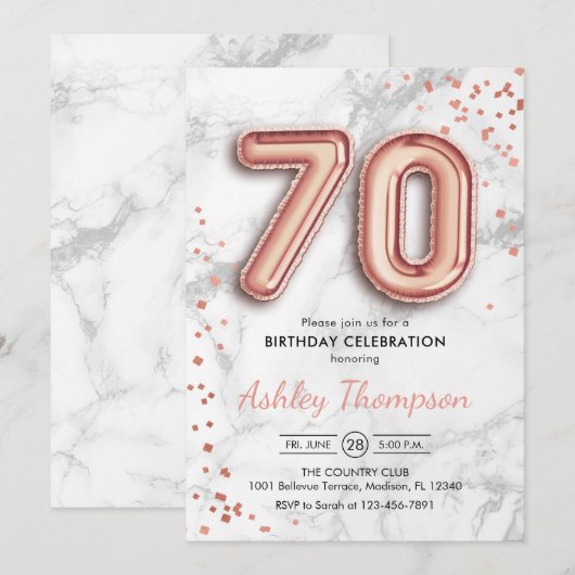 70th Birthday - Roos gouden ballonnen marmeren eff Kaart (Voorkant / Achterkant)