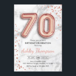 70th Birthday - Roos gouden ballonnen marmeren eff Kaart<br><div class="desc">70e uitnodiging voor verjaardagsfeestje. Elegant ontwerp in faux glitter roos goud met grijs marmer effect. De uitnodigingskaart heeft een gouden nummer van 15 ballonnen,  confetti en scriptlettertype. Perfect voor een stijlvolle dagviering. Stuur me een bericht als je aangepaste leeftijd nodig hebt.</div>