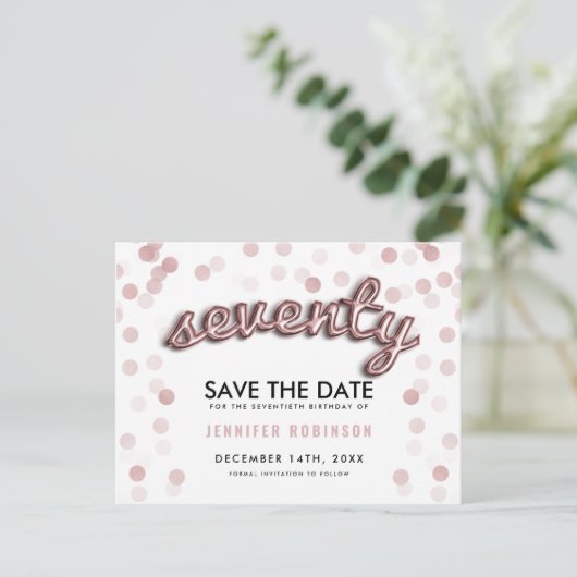 70th Birthday Save the Date Roos Gold Balloons Aankondigingskaart (Staand voorkant)