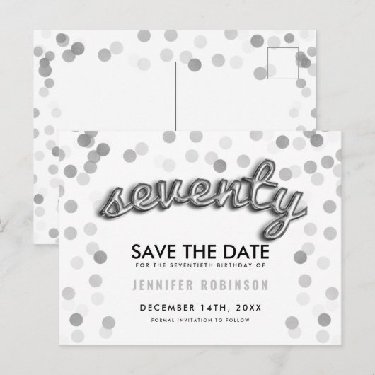 70th Birthday Save the Date Silver Balloons Aankondigingskaart (Voorkant / Achterkant)