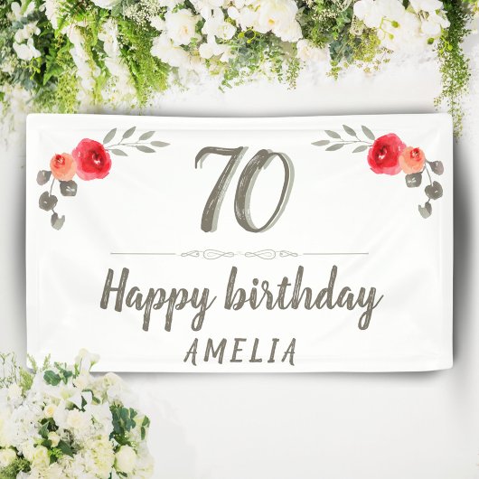70th Birthday Script Waterverf Roos Floral Party Spandoek
