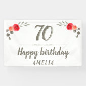 70th Birthday Script Waterverf Roos Floral Party Spandoek (Horizontaal)