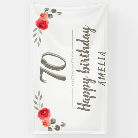 70th Birthday Script Waterverf Roos Floral Party Spandoek (Verticaal)