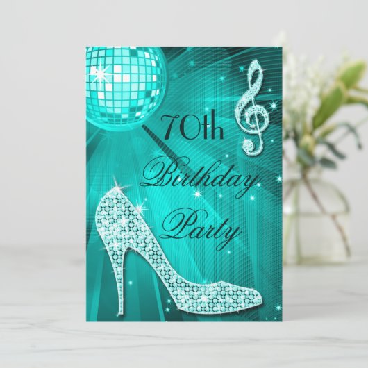 70th Birthday Sparkle Heels en Blauwgroen Disco Ba Kaart (Staand voorkant)