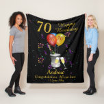 70th Birthday Sparkling Wine Celebration Black Fleece Deken<br><div class="desc">A stylish 70th Happy birthday age witket. Features a sparkling wine bucket glasses and balloons and confetti all on a black background with gold colored text. Perfect as a gift to celebrate a 70th birthday, something that they can cherish and snuggle up with, Can be customize by amending the titles...</div>
