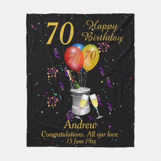70th Birthday Sparkling Wine Celebration Black Fleece Deken (Voorkant)