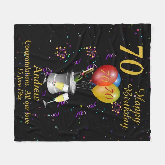 70th Birthday Sparkling Wine Celebration Black Fleece Deken (Voorkant (Horizontaal))
