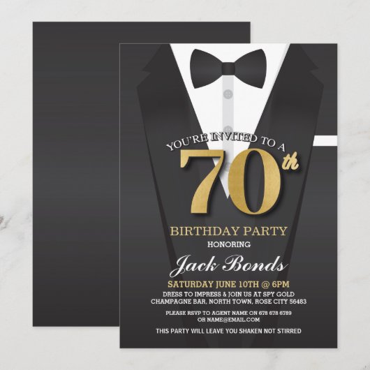 70th Birthday Spy Suit Black stropdas Gold Invitat Kaart (Voorkant / Achterkant)