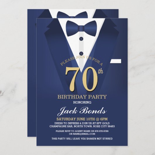 70th Birthday Spy Suit Zwart Stropdas Navy Invitat Kaart (Voorkant / Achterkant)