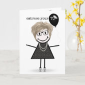 70th Birthday Stick Figuur Girl met ballon Kaart (Gele Bloem)