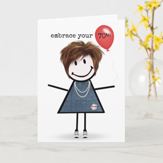 70th Birthday Stick Figuur Girl met rode ballon Kaart (Gele Bloem)