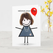 70th Birthday Stick Figuur Girl met rode ballon Kaart (Gele Bloem)