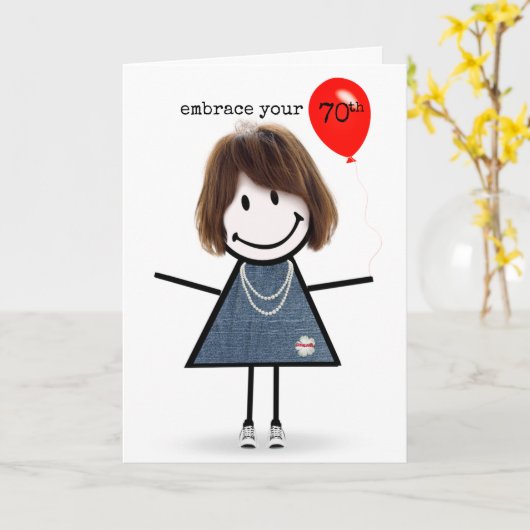 70th Birthday Stick Figuur Girl met rode ballon Kaart (Gele Bloem)