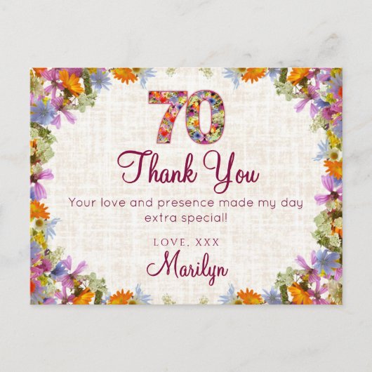70th Birthday Thank You – Elegant Floral Design Briefkaart (Voorkant)