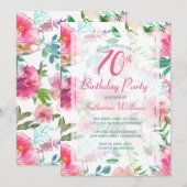 70th Birthday Tropical Floral Pink Peony Party Kaart (Voorkant / Achterkant)