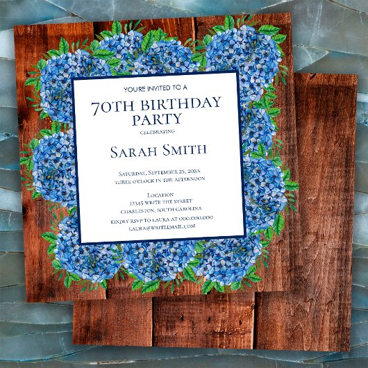 70th Birthday Wood Blue Hydrangeas Rustic Party Kaart